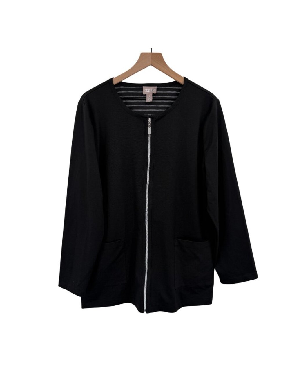 Chico's Zip Up Sweater Women 2 (large) Black Pockets Long Sleeve Classic Chic